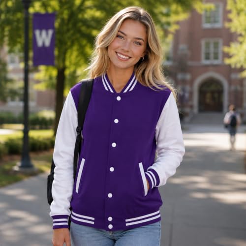 babyhealthy Men's Women's Varsity Baseball Jacket Casual Letterman Bomber Jacket Windbreaker Lightweight Jacket Coat - color: 007 Purple, size: X-Large