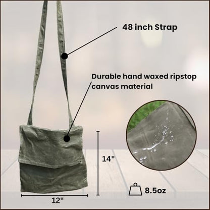 Exos Waxed Canvas Haversack Bushcraft Shoulder Bag - Durable Canvas Messenger Bag - Foraging Bag, Gardening Bag, 2 Sizes - style: Antique Olive Small