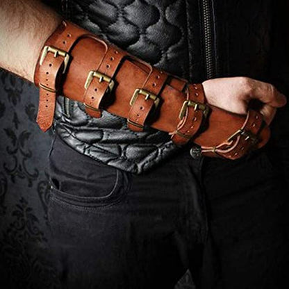 Syktkmx Gauntlet Wristband Medieval Vambrace Arm Cuff Armor Buckled Punk Gothic Faux Leather Costume Bracer - color: 2-brown, size: Large