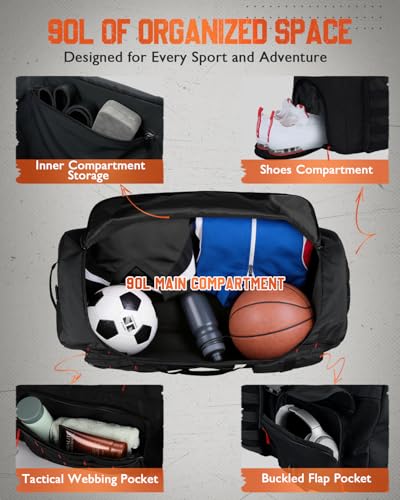 Gonex 90L Large Duffel Bag, Convertible Travel Sports Duffle - color: Black with Red Accents, size: 90L