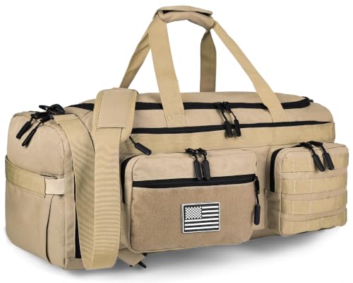 LHI 50L Tactical Duffle Bag for Men, 3-in-1 Gym Duffle and Backpack, Shoe Compartment, Laptop Sleeve and MOLLE, Carry-On Travel Weekender and Overnight Bag – Milky White - color: Milky White