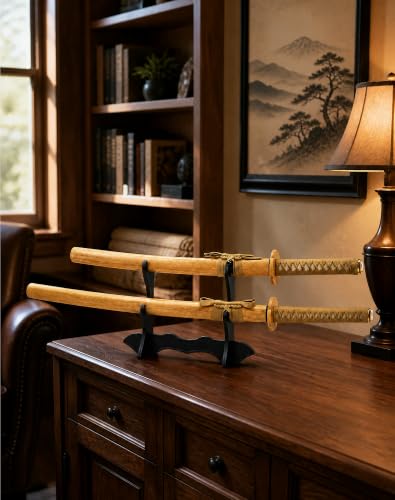Bamboo Wood Practice Sword Set, Long & Short Training Katana with Sheaths