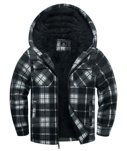 Boys Flannel Jacket Hooded Fleece Lined Zip-up Hoodies Plaid Coat for Kids - color: Black White Plaid, size: 6-7 Years