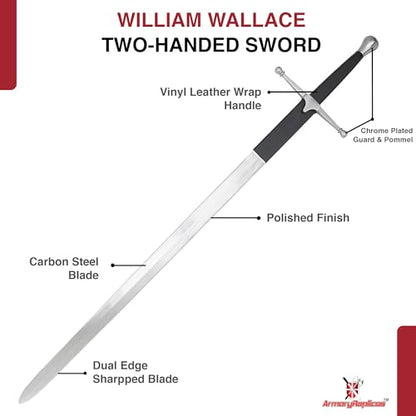 Armory Replicas™ - William Wallace Medieval Swords Collection - Deluxe Claymore Variations with Sheath - Stainless Steel Blade, Leather-Covered Handle - Inspired by Braveheart - style: Two-Handed