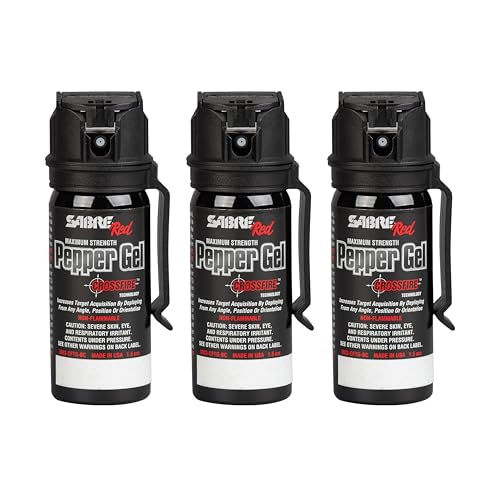 SABRE Crossfire Pepper Gel - 360° Spray for Defense at Any Angle, Maximum Strength Police-Grade OC Pepper Spray with UV Marking Dye, 20‑Foot Tactical Range, Fast Flip Top Safety, Belt Clip, 1.5 fl oz - color: Black Pepper Gel 3 Pack