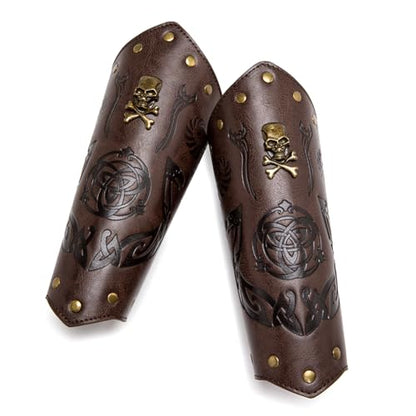 Leather Bracers for Men - Viking Embossed Medieval Arm Archery Guard Gauntlet Costumes - color: Hbr057-skull Coffee