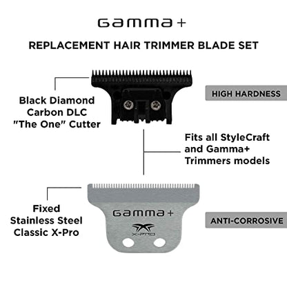 GAMMA+ Hair Trimmer Fixed Moving Blade Replacement Professional Grade - style: Fixed Classic X-Pro Blade Stainless Steel with Black The One Moving Trimmer Blade Set