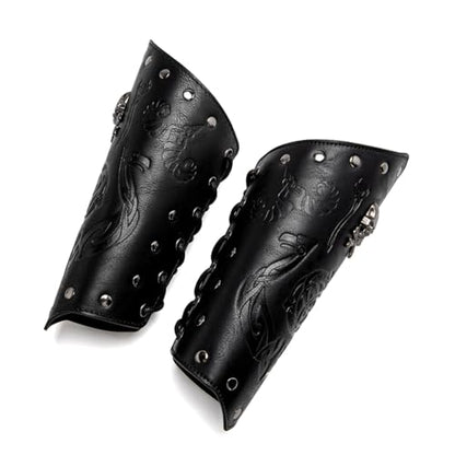 Leather Bracers for Men - Viking Embossed Medieval Arm Archery Guard Gauntlet Costumes - color: Hbr057-skull Black