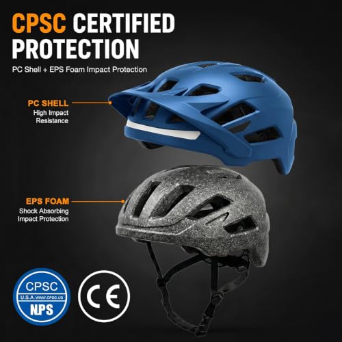 Bike Helmet, Helmets for Adults Men, Front and Back LED Lights Safe Certified MTB Road Bicycle Helmet with Adjustable Brim - color: Metal Blue, size: M (55-58cm)