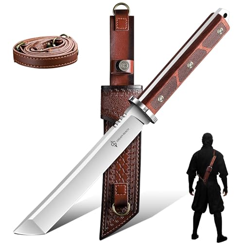 Dream Reach Japanese Tanto Knife, Fixed Blade Knife with Leather Sheath for Back, Survival Knives with Wood Handle, Samurai Knives for Camping Outdoor, Collection Gift for Men - size: 8.5"