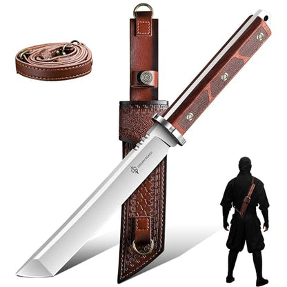 Dream Reach Japanese Tanto Knife, Fixed Blade Knife with Leather Sheath for Back, Survival Knives with Wood Handle, Samurai Knives for Camping Outdoor, Collection Gift for Men - size: 8.5"