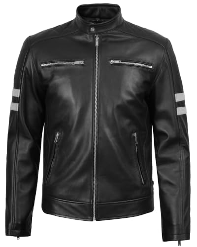 Real Lambskin Cafe Racer Leather Jacket Men Biker Style Stripes Sleeves - color: Black W, size: Large