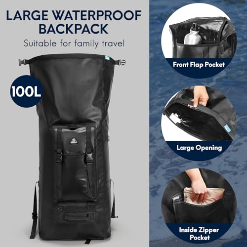 Haimont Large Waterproof Roll Top Dry Backpack 100L, Black - color: Black, size: 100L