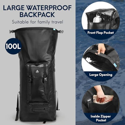 Haimont Large Waterproof Roll Top Dry Backpack 100L, Black - color: Black, size: 100L