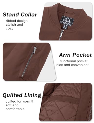 MAGCOMSEN Men's Bomber Jacket Casual Windproof Quilted Jacket Full Zip Windbreaker Winter Warm Varsity Jacket with Pockets - color: Coffee, size: Medium
