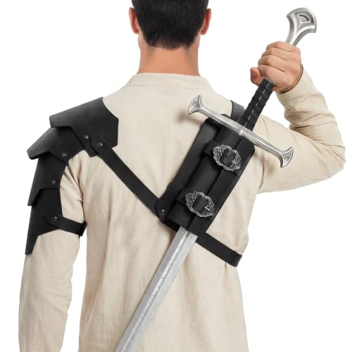 Medieval 2-in-1 Shoulder Armor with Back Sword Frog for LARP Cosplay - color: Black a