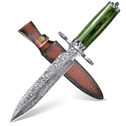 DRGSKL Fixed Blade Feather Knife, D2 Steel, Pakkawood Grip, Leather Sheath - size: 6 Inch