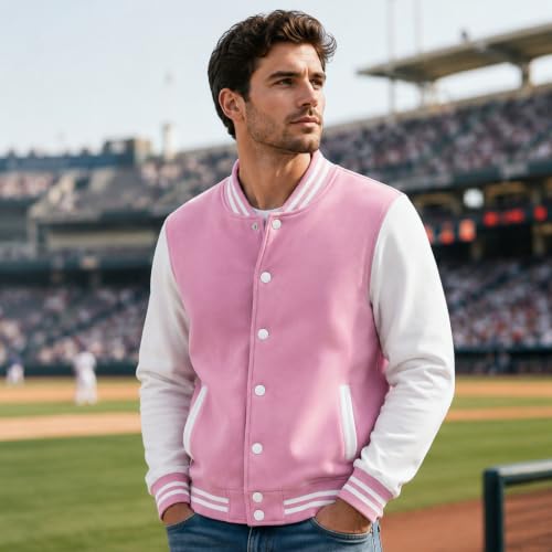 babyhealthy Men's Women's Varsity Baseball Jacket Casual Letterman Bomber Jacket Windbreaker Lightweight Jacket Coat - color: 002 Pink, size: Medium