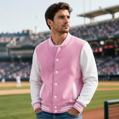 babyhealthy Men's Women's Varsity Baseball Jacket Casual Letterman Bomber Jacket Windbreaker Lightweight Jacket Coat - color: 002 Pink, size: Medium