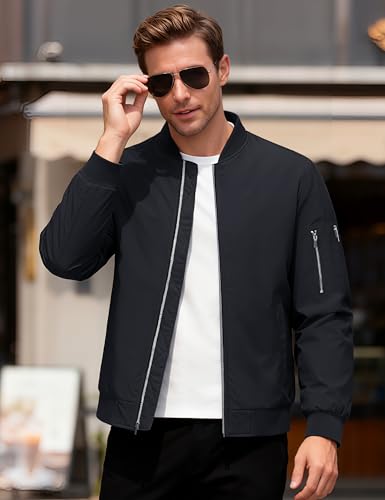 MAGCOMSEN Men's Bomber Jacket Casual Windproof Quilted Jacket Full Zip Windbreaker Winter Warm Varsity Jacket with Pockets - color: Black, size: Large