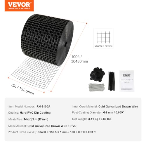 VEVOR 6 inch x 100ft Solar Panel Bird Guard, Critter Guard Roll Kit with 60pcs Durable Metal Fasteners, Solar Panel Guard with Rust-Proof PVC Coating, Max 1/2 inch Wire Roll Mesh - size: 6in x 100ft with 60pcs Fasteners,50pcs Tie Wires