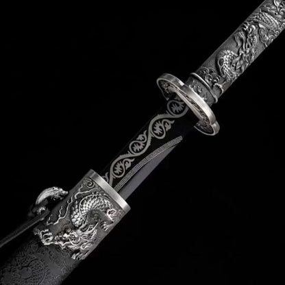 Handcrafted High Manganese Steel Katana, Unsharpened Full Tang Dragon King Sword, Red Blade, Black Handle, Martial Arts Training Display Replica