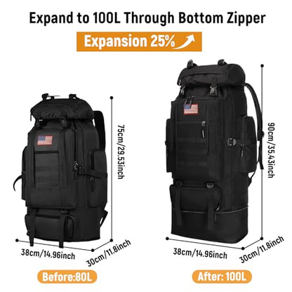 JUMAHE 100L Hiking Backpack for Men - Rucksack Molle Military Tactical Waterproof Lightweight Camping Backpack 3 Day Assault Pack for Travel, Climbing, Backpacking - color: 100l Black - Expandable, style: Hiking Backpack 3077