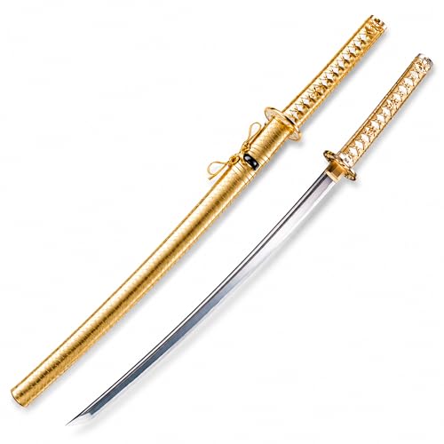 Katana Sword, Traditional Handmade Sword, Real 9260 Spring Steel Full Tang Katanas, Authentic Japanese Samurai Swords, for Practice, Training, Performance and Collection - color: Gold