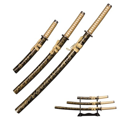 FullTang Iaido Samurai Sword 3-Piece Set, Japanese Samurai Swords with Display Stand, Engraved Scabbard, 1045 Medium Carbon Steel, Available in Blue, Black, Bamboo Leaf - color: Black