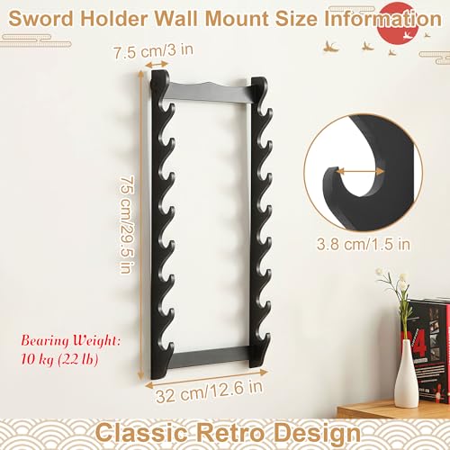 Sword Wall Mount Rack, 8-Tier Wooden Katana Display Stand