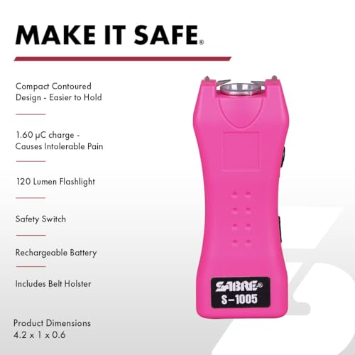 SABRE 2-in-1 Stun Gun and Flashlight and Belt Holster, Emits 1.60 Powerful Pain Inducing Microcoulombs (µC) Charge, 120 Lumen LED Flashlight, Rubberized Grip, Compact Design, Rechargeable - color: Pink