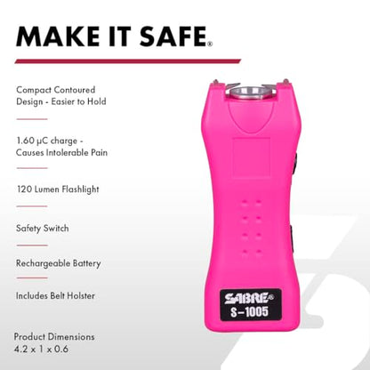SABRE 2-in-1 Stun Gun and Flashlight and Belt Holster, Emits 1.60 Powerful Pain Inducing Microcoulombs (µC) Charge, 120 Lumen LED Flashlight, Rubberized Grip, Compact Design, Rechargeable - color: Pink