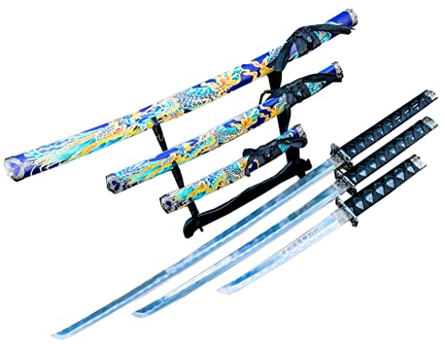 3pc Japanese Samurai Katana Sword Set with Stand Blue and Yellow Dragon Ninja