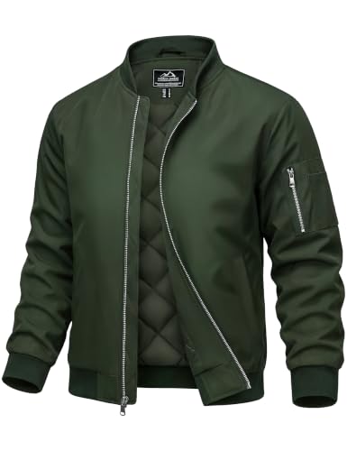 MAGCOMSEN Men's Bomber Jacket Casual Windproof Quilted Jacket Full Zip Windbreaker Winter Warm Varsity Jacket with Pockets - color: Army Green, size: XX-Large