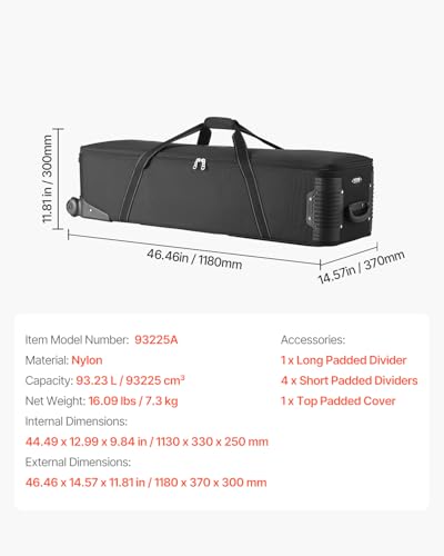 VEVOR Studio Equipment Trolley Case, 46.46 x 14.57 x 11.81 in / 118 x 37 x 30 cm, Rolling Camera Bag, Carrying Bag with Wheels Straps Padded Compartment Handle, for Light Stands, Tripods, Telescopes - size: 46.46 x 14.57 x 11.81 in