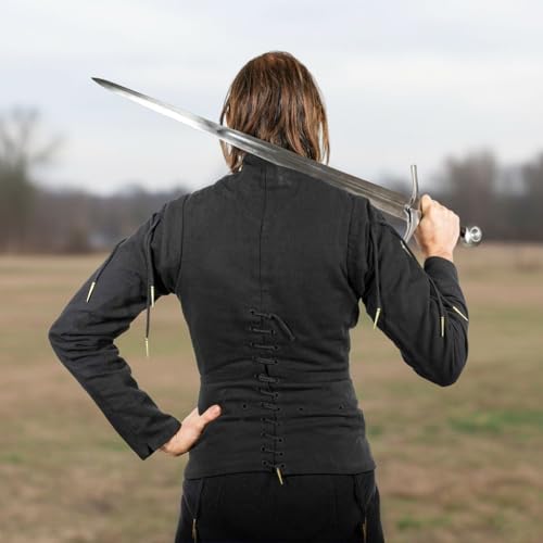 Mythrojan Late Medieval Padded Arming Doublet Gambeson with Brass Aiglets, Ideal for Knightly Medieval Reenactment LARP - color: Black, size: XX-Large