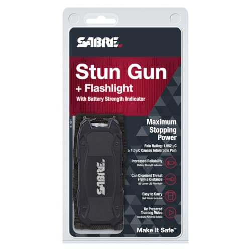 Sabre Stun Gun with Flashlight and Battery Strength Indicator, 1.552 Microcoulombs (µC) Charge, 120 Lumen Flashlight, Increased Reliability, Safety Switch, Rechargeable, Compact Design, Black