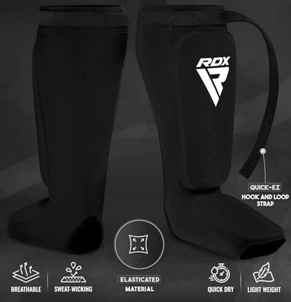 RDX Shin Guards Kickboxing Muay Thai, SATRA Approved, MMA Leg Instep Protection Pads, Sparring Training Martial Arts Boxing, Elasticated Padded Protector, Karate BJJ Taekwondo Gear, Men Women - color: Black, size: Small