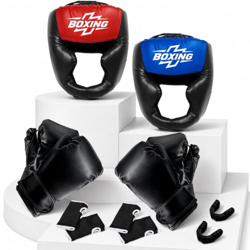 12pcs Boxing Headgear, guantes de boxeo,Mouth Guards& Hand Wraps Boxing Equipment Set - PU Leather Boxing Protective Gear for Training, Sparring & MMA，Boxing Gloves - size: 10oz