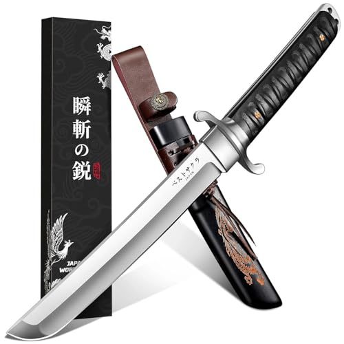 Japan Fixed Blade Knife - D2 Steel Tanto Knife with Carved Sheath - size: 8.43 Inch