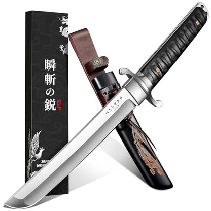 Japan Fixed Blade Knife - D2 Steel Tanto Knife with Carved Sheath - size: 8.43 Inch
