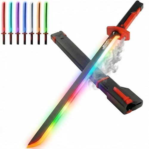 RGB Light Up Saber Toy with Smoke Mist Effect, 7 Color Neon Lightsaber, Sound Effects and Impact Sensing, USB-C Rechargeable Toy Sword for Kids, 31.5 Inch