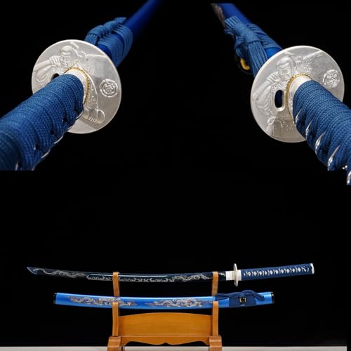1045/1060 high Carbon Steel Full Hand Forged Traditional, Katana Sword Hademade Heat Tempered ，Japanese Samurai Swords ，Full Tang,Functional,Black - color: blue-duilong