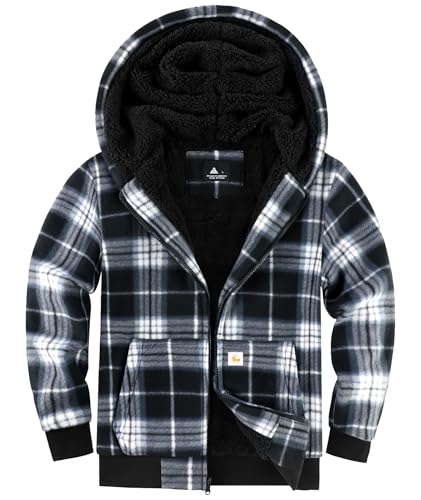 Boys Flannel Jacket Hooded Fleece Lined Zip-up Hoodies Plaid Coat for Kids - color: Black White Grey Plaid, size: 14-15 Years