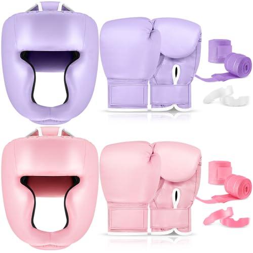 Kanayu 14 Pcs Boxing Gloves and Headgear Set, Beginner - color: Purple, Pink