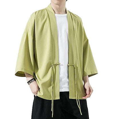 Mens Kimono Cardigan Cotton Linen Japanese Shirt 3/4 Sleeve Haori Yukata - color: 36-green, size: X-Large