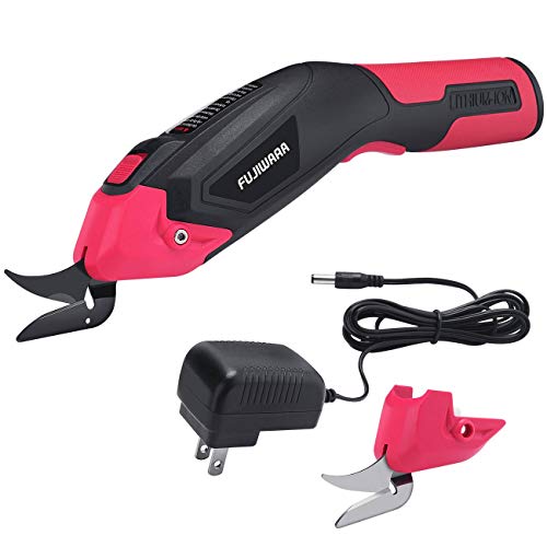 FUJIWARA Electric Scissors, 1 Rechargeable Lithium Battery and 2 Cutter Blades, Cordless Shears Cutting Tool for Fabrics/Canvas/Carpets/Leather/Cardboard/Other Thin Materials Red - color: Red
