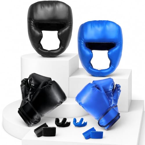 14 Pcs Boxing Set Boxing Equipment Set for Beginners Including 2 Pair of 6 oz Boxing Gloves Headgear Helmet Hand Wraps Mouth Guards Gifts Training Equipment - color: Black & Blue