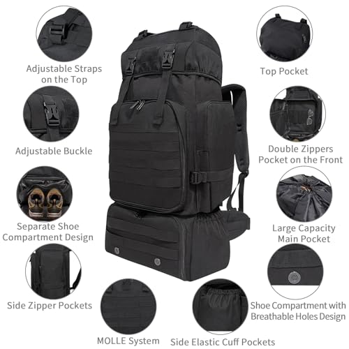 Hiking Backpack, 80L Molle Military Tactical Rucksack, Camping Backpack with Shoe Compartment, Lightweight Rucksack for Men, Water Resistant Hiking Daypack Survival Bag Hiking Bag (Black)