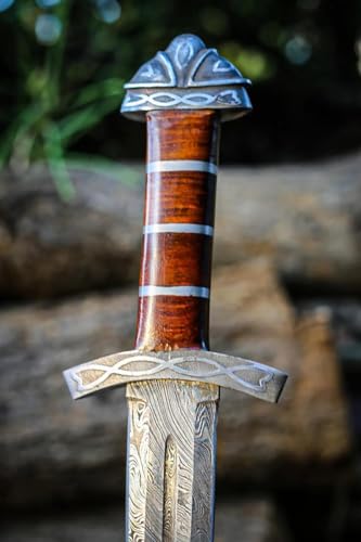 Qepaa Crafts®Handmade Damascus Steel Real Viking Style Sword | Full Tang Blade with Wooden Handle and Scabbard | Collectible Medieval Replica|Gift for him - color: Brown Handle Sword